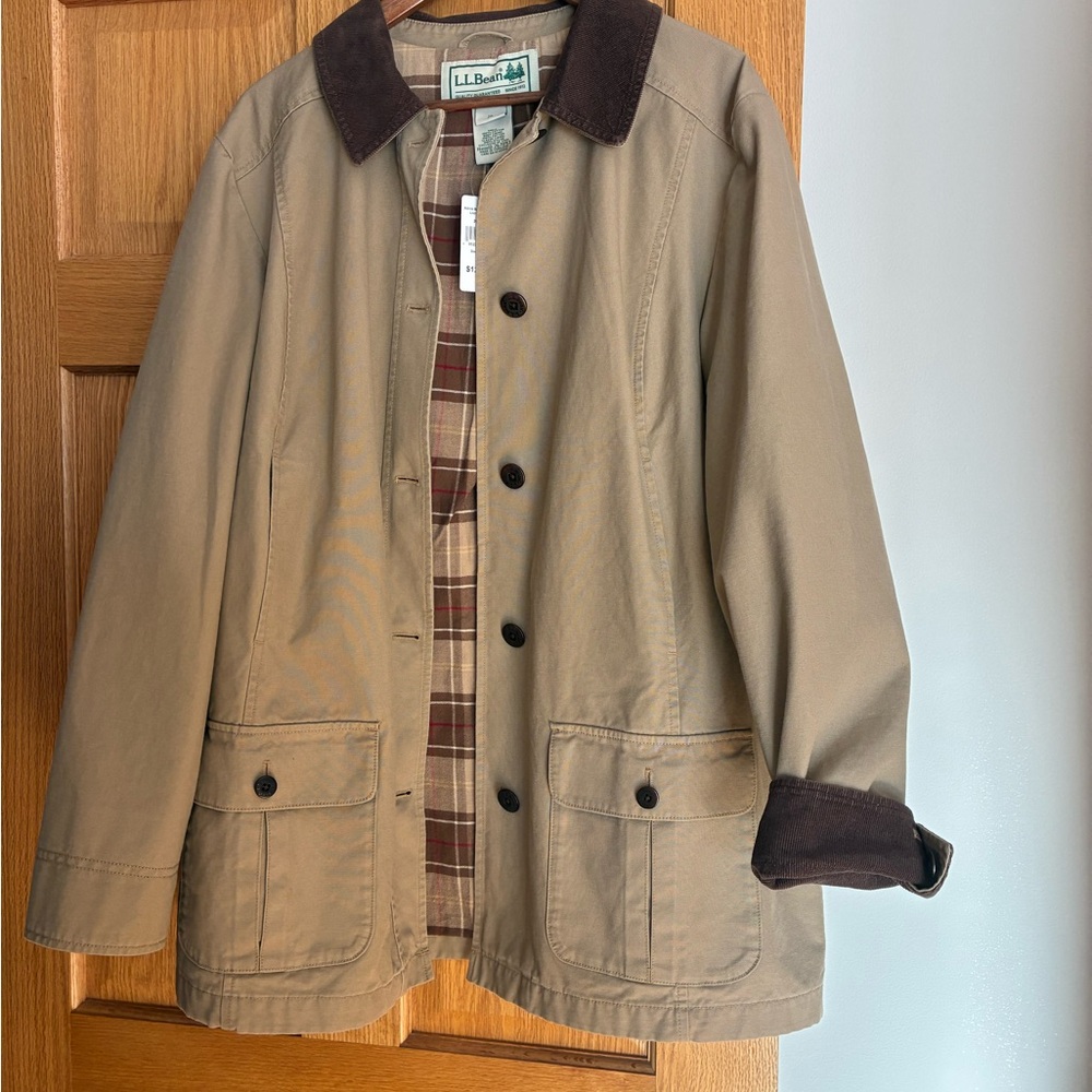 L.L. Bean Women's Tan Barn Jacket with Dark Brown Collar and Cuff